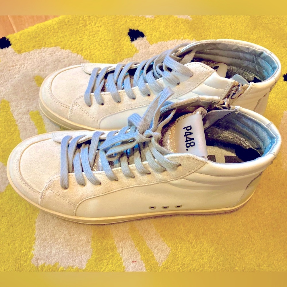 P448 Italian Skater Sneakers White leather & Silver Sz 38 US 7.5-8